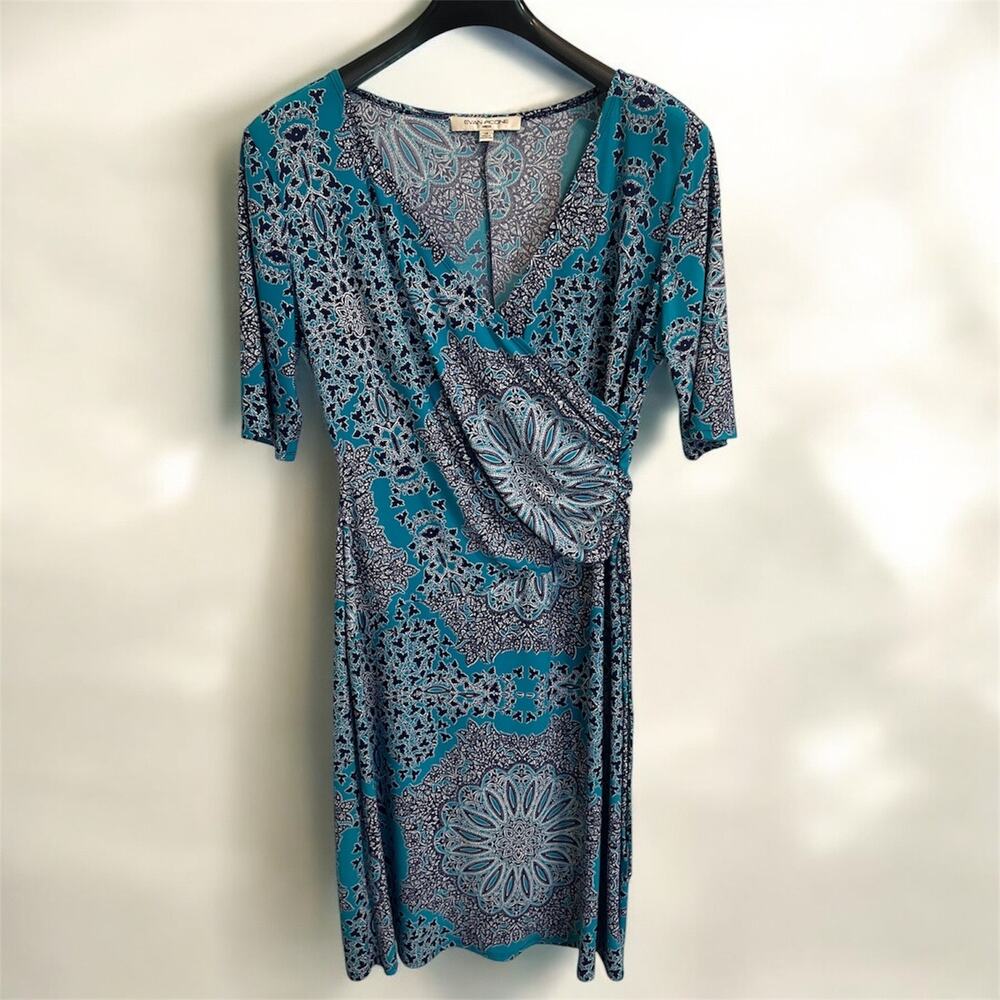 Evan Picone Short Sleeve Blue Pattern Wrap Dress Size 14 Formal Business Work